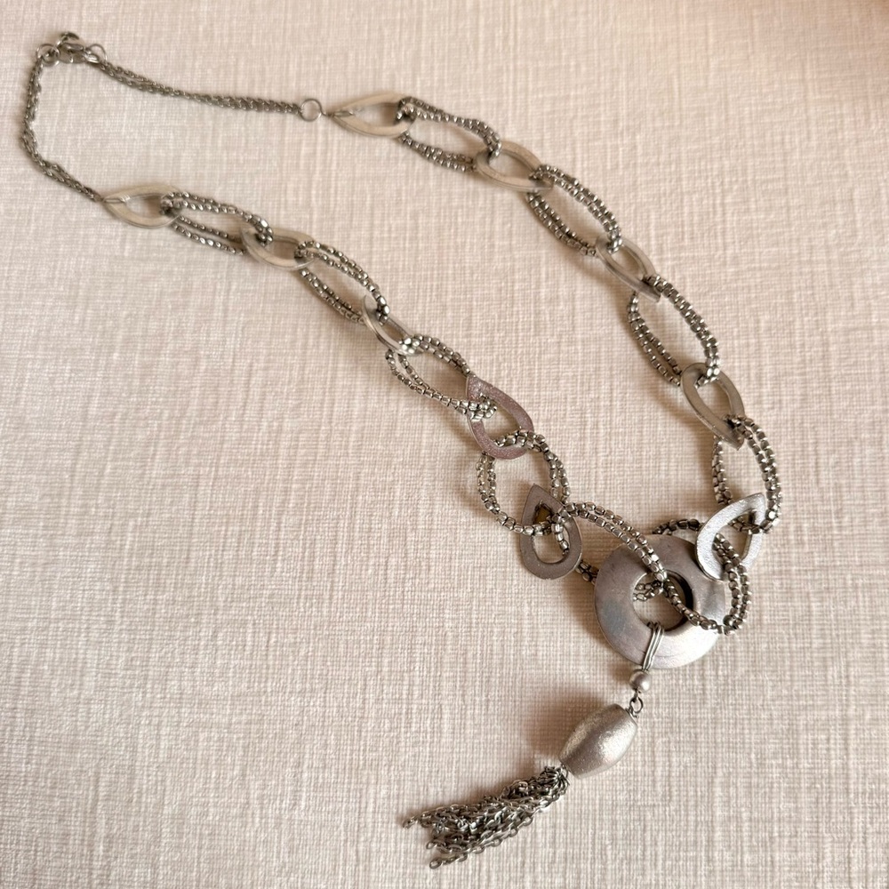 Vintage Silver Link Chain Metal Disc Statement Necklace